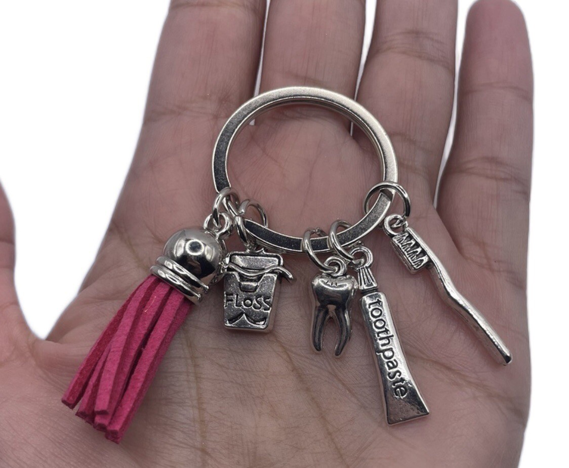 Brand New Dentist Dental Hygienist Tooth Charms Silver Tassel Keychain Gift Pink