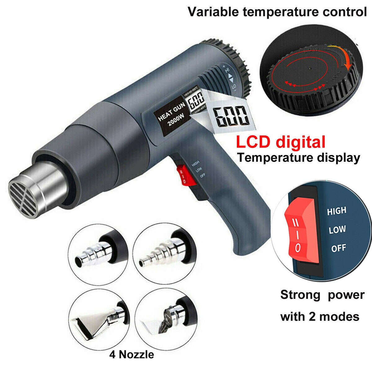 2500W Heat Gun Electric Hot Air Gun w/ Dual-Temperature LCD Show 4 Nozzles Tool
