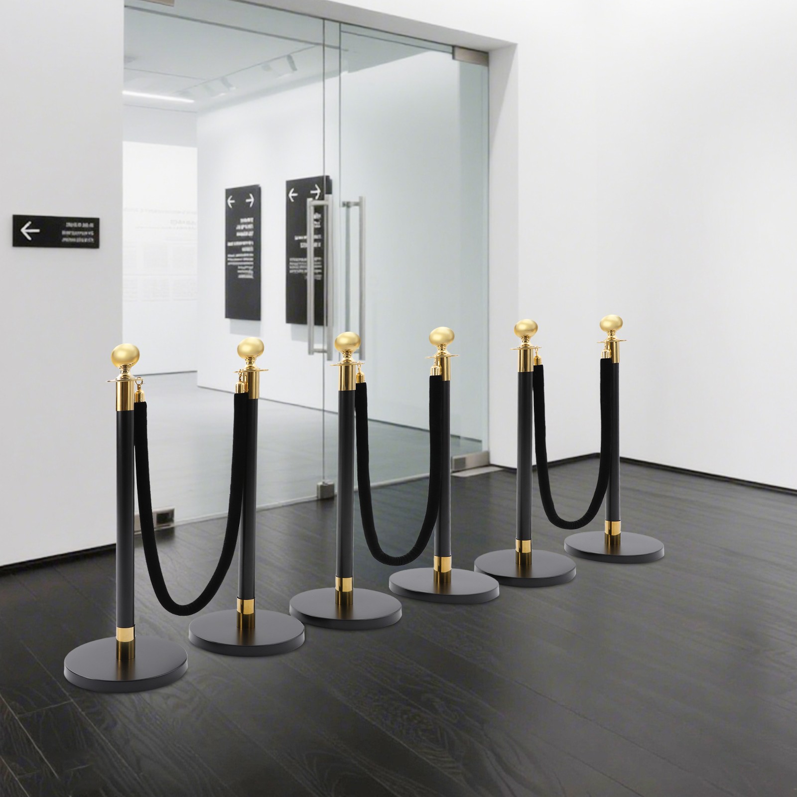 6 PCS Black Stainless Stanchion Posts with 4 Ropes Crowd Control Queue Barrier