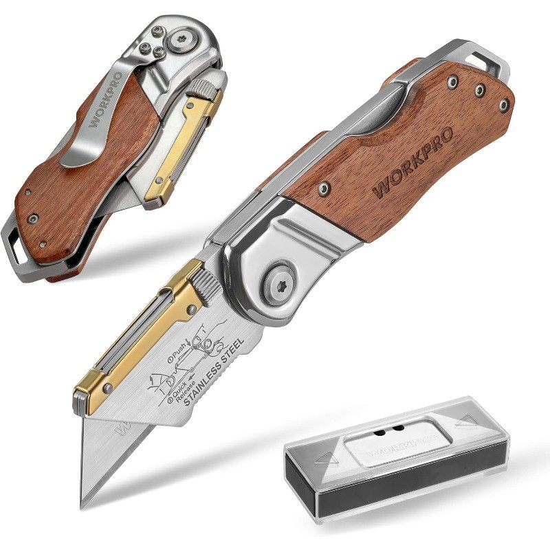 Folding Utility Knife with Belt Clip and Extra 10-piece Blades, Wood Handle