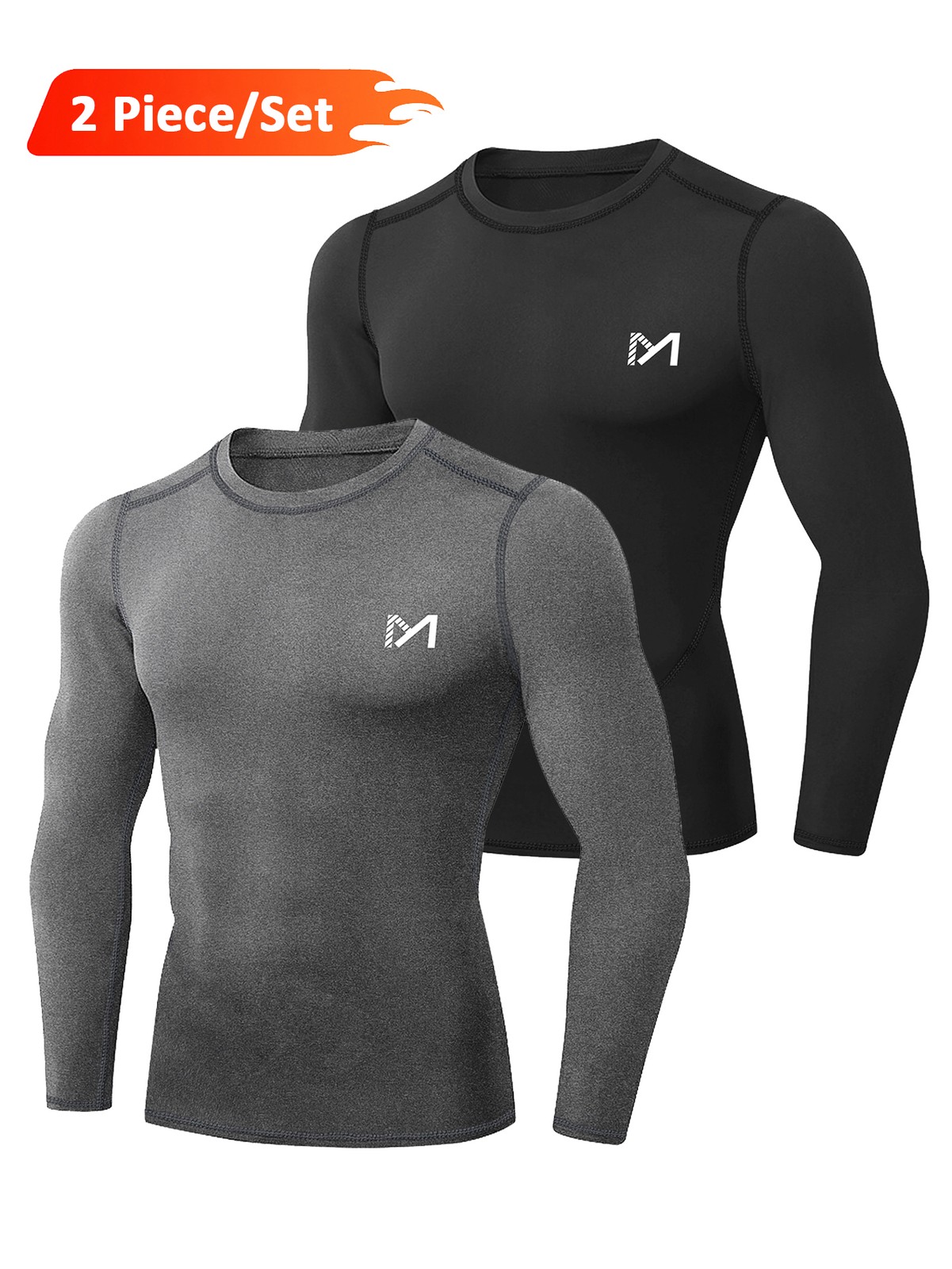 2 Pack Mens Long Sleeve Compression Shirts Base Layer workout Running Shirts Set