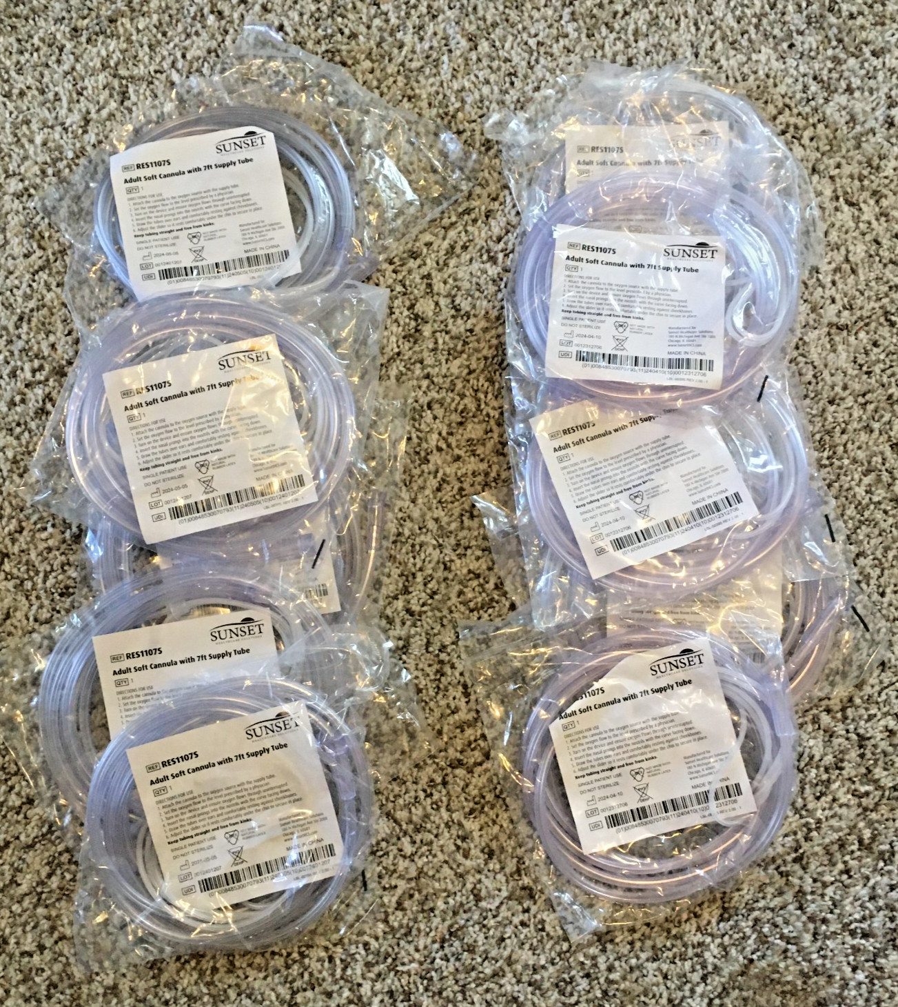 LOT OF 12 - Adult Soft Nasal Cannula 7Ft Oxygen Supply Tubing, Sunset RES11075