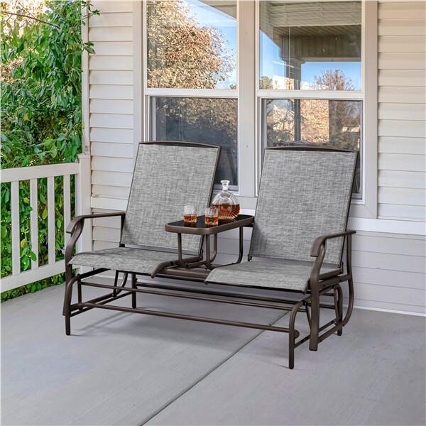2 Person Patio Glider Bench w/Center Table Mesh Fabric Rocker for Garden Pool