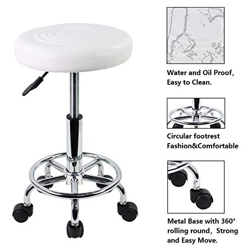 PU Leather Modern Round Rolling Stool with Footrest Height Adjustable White