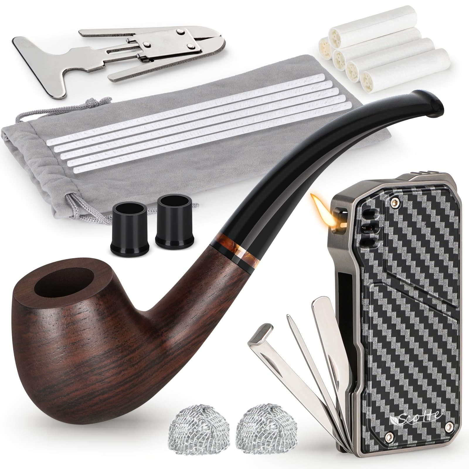 Handmade Pipe and Pipe Lighter Set, Wood Pipe and Various Pipe Accessories, S...