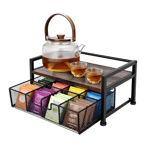 Tea Bag Organizer, Wooden Tea Storage Box with Metal Drawer, 8-Compartment Tea