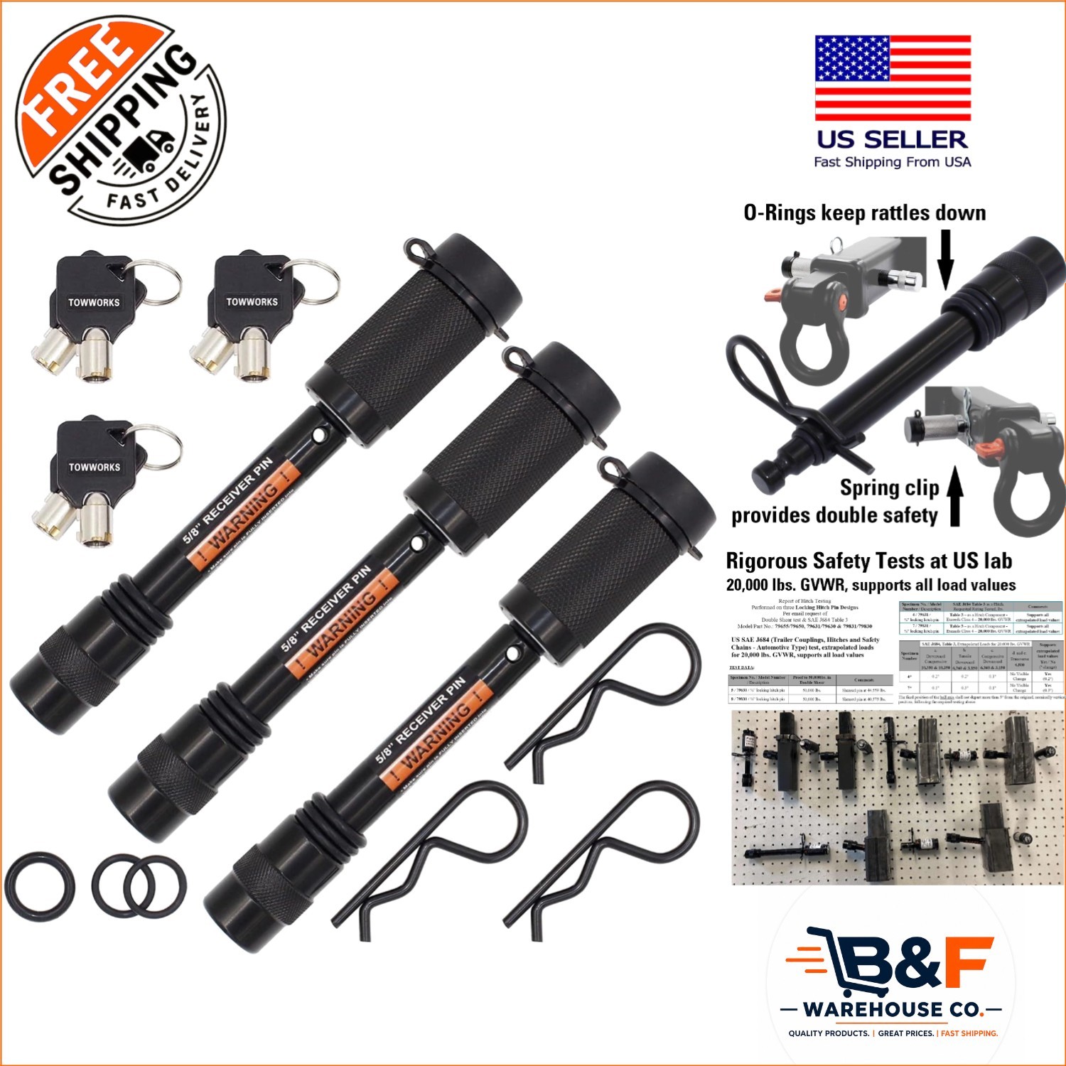Triple Security Trailer Hitch Lock Set - 5/8" Pin, Rubber O-Rings & Spring Clip