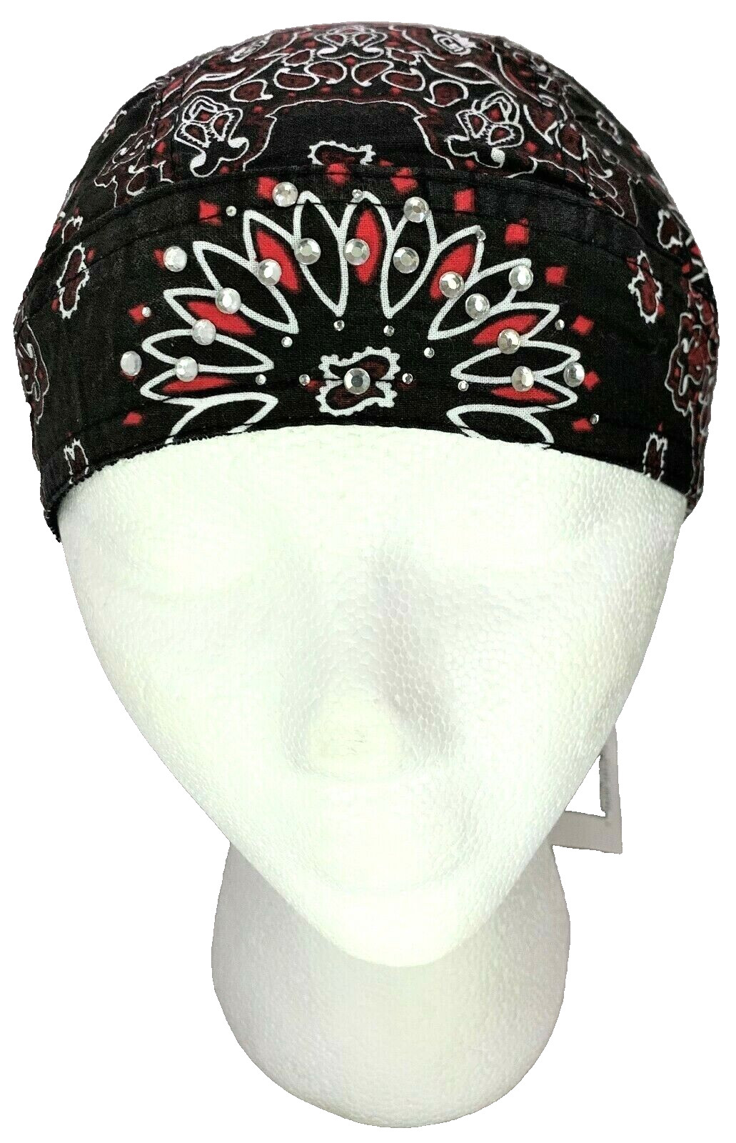 Women's Black & Red Paisley Rhinestone Headwrap Doo Rag Skull Cap Sweatband