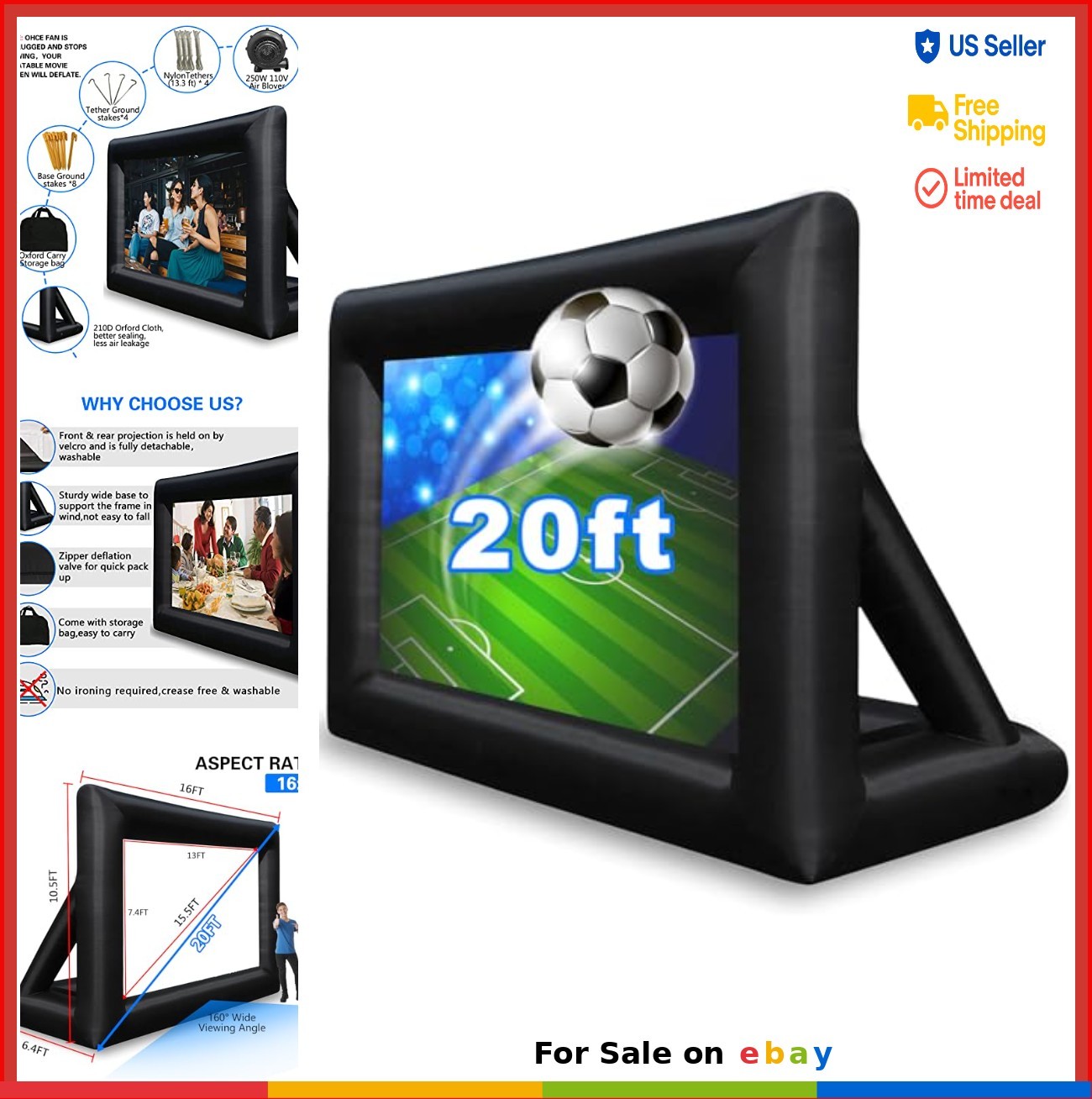Inflatable Projector Screen 20 Feet Outdoor Movie Screen with Blower Storage