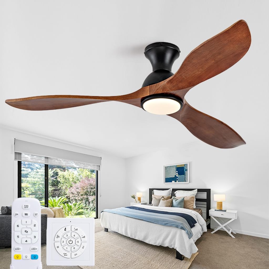 52 Inch Low Profile Ceiling Fans with Lights and Remote, Flush Mount Wood 3 B...