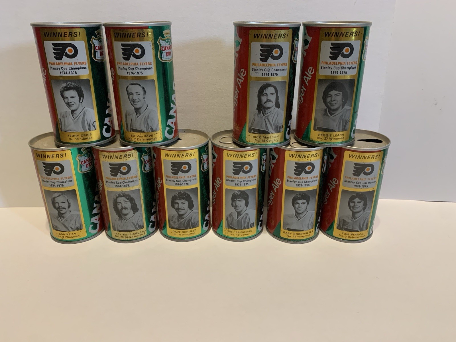 Vtg lot of 10 Canada Dry Ginger Ale 1974/75 Phila Flyers Champions Soda Cans