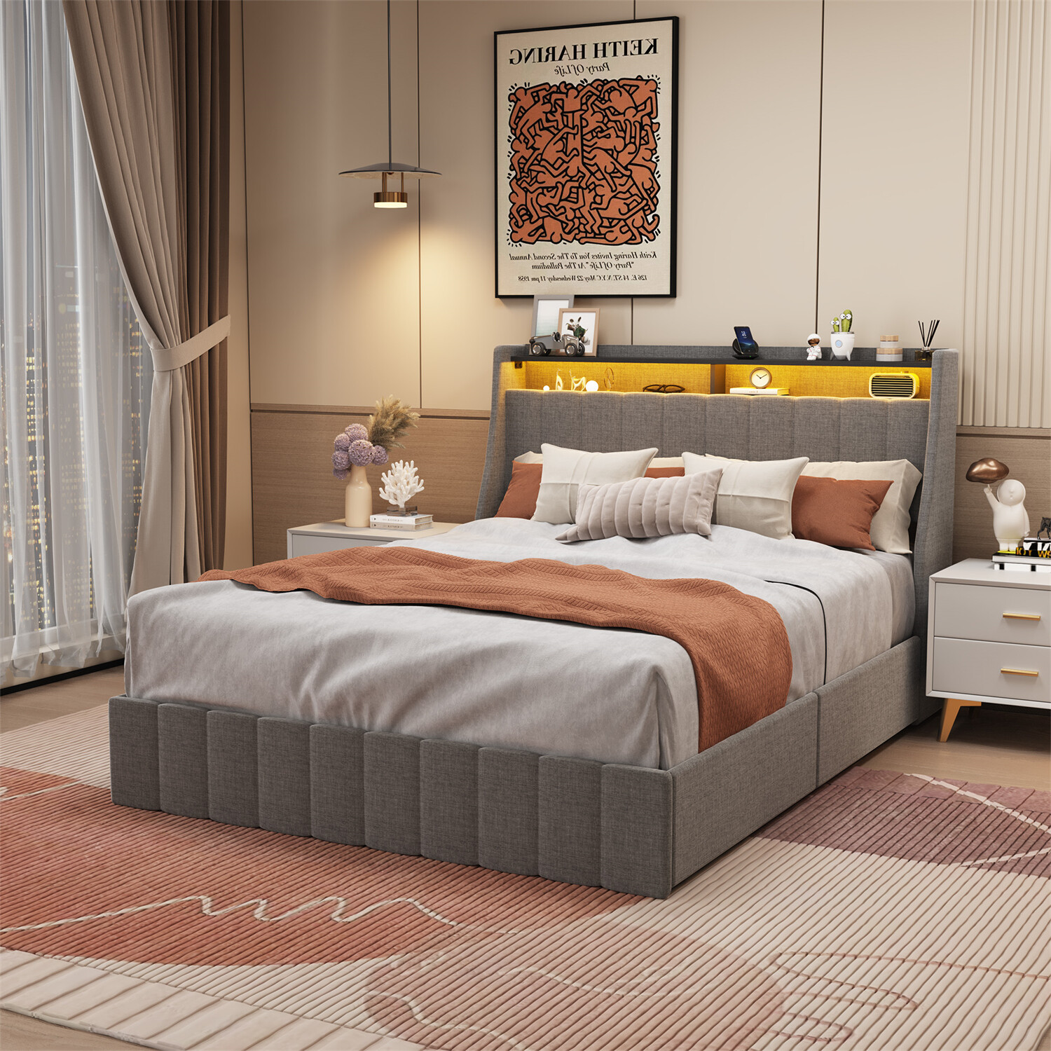 Queen Size Bed Frame Upholstered Platform Bed w/ LED Lights Headboard & 4 Drawer