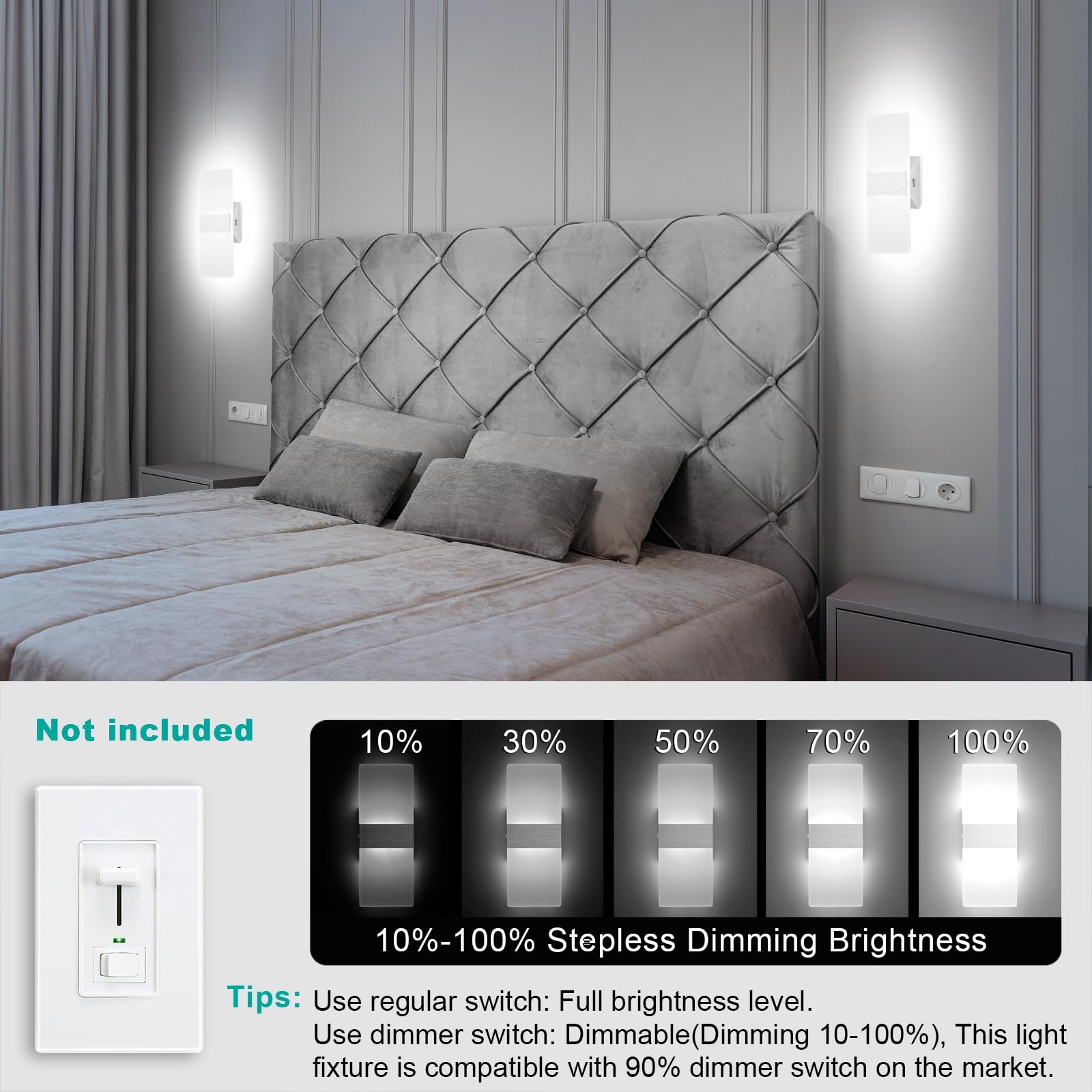 Dimmable LED Wall Sconces, 4 Color Temperature 12W Modern Wall Sconce Wall Mo...