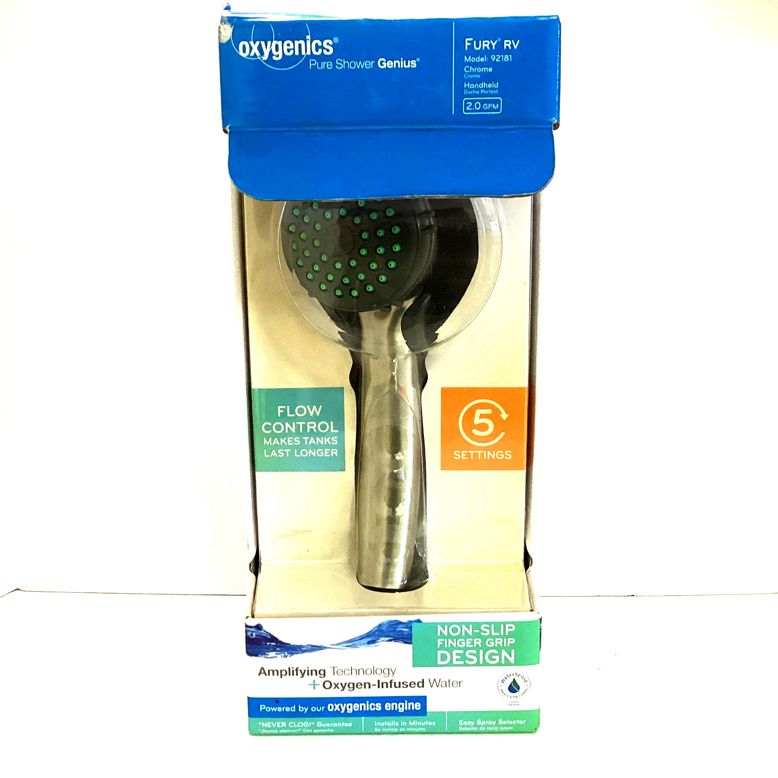 NEW OXYGENICS CHROME HANDHELD SPRAY NON SLIP FINGER GRIP 5 SETTINGS