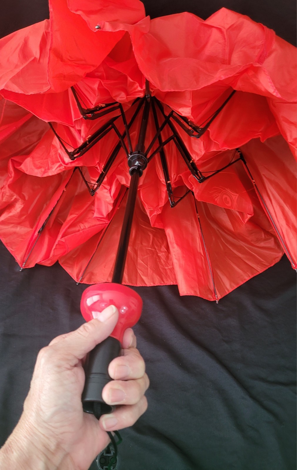 Red With White Peacock Feather Umbrella With Easy Release Handle