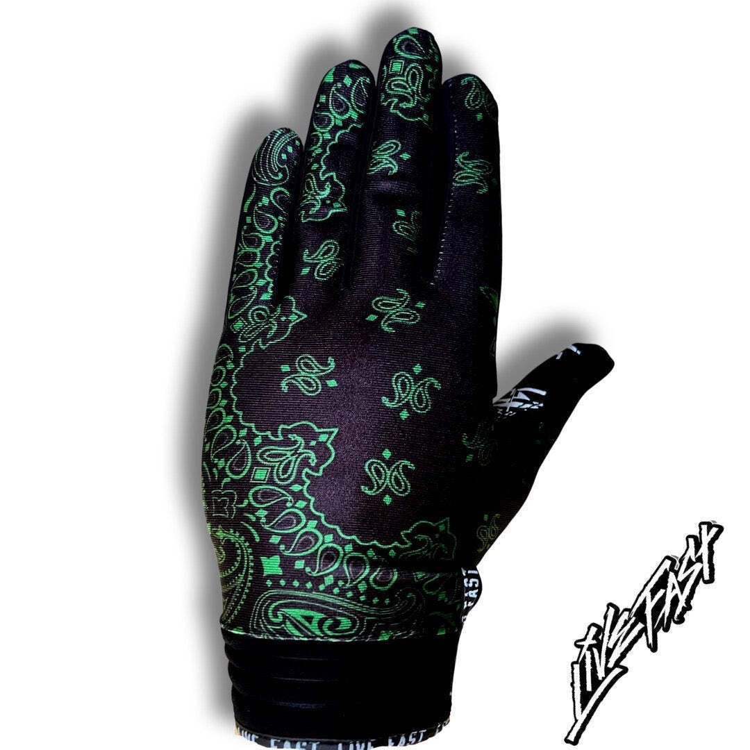 Black with Green Paisley Live Fast Motocross Gloves & Bike Gloves