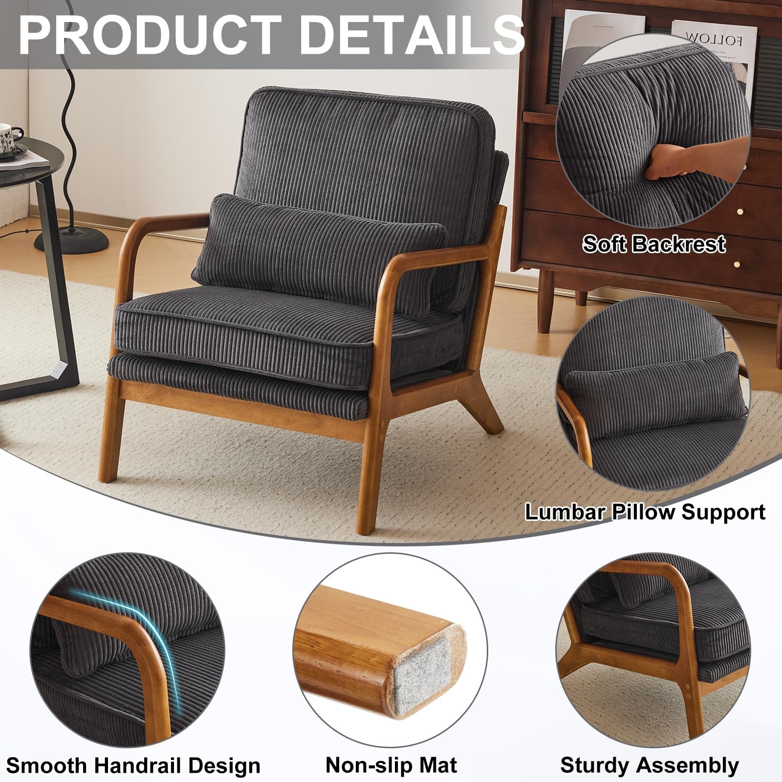 Ergonomic Corduroy Armchair with High-Density Sponge with Back Pillow for Porch