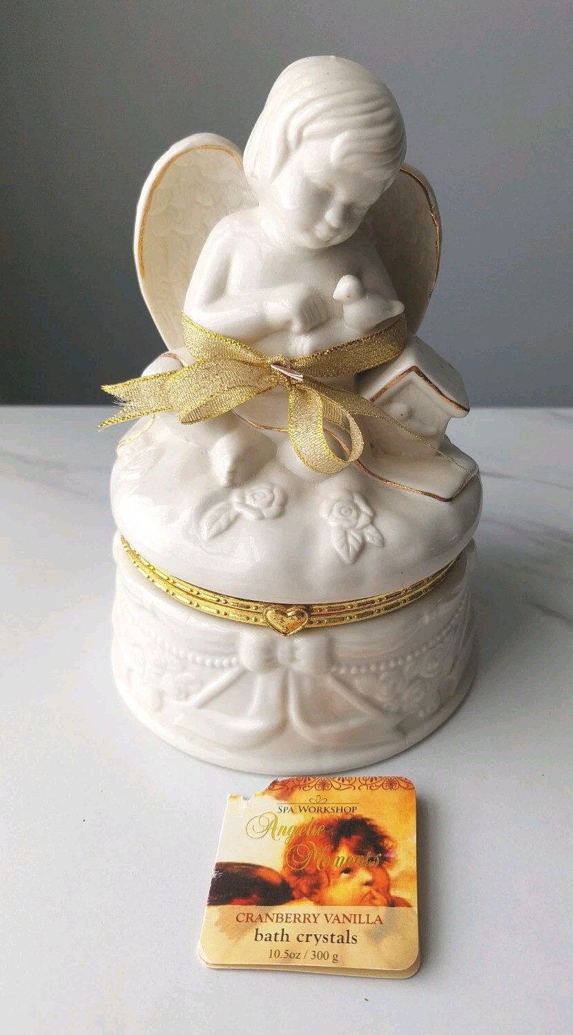 Angel Hinged Trinket Box, Angelic Moments Bath Salts Sealed, Ceramic 7"