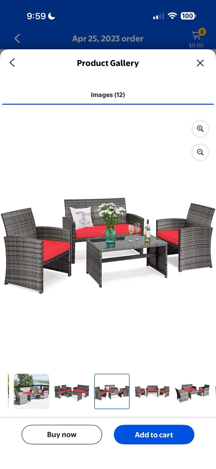 Costway 4PCS Patio Rattan Conversation Glass Table Top Cushioned Sofa Red