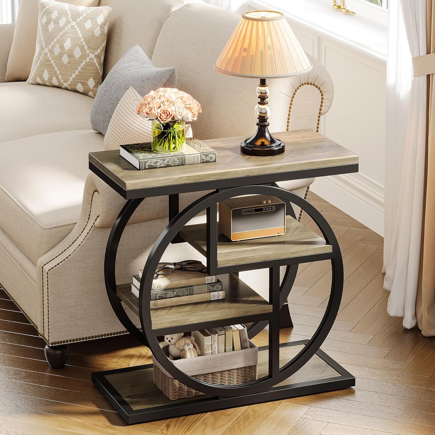 4-Tier Side End Table, Modern Narrow Side Table with Metal Frame for Living Room