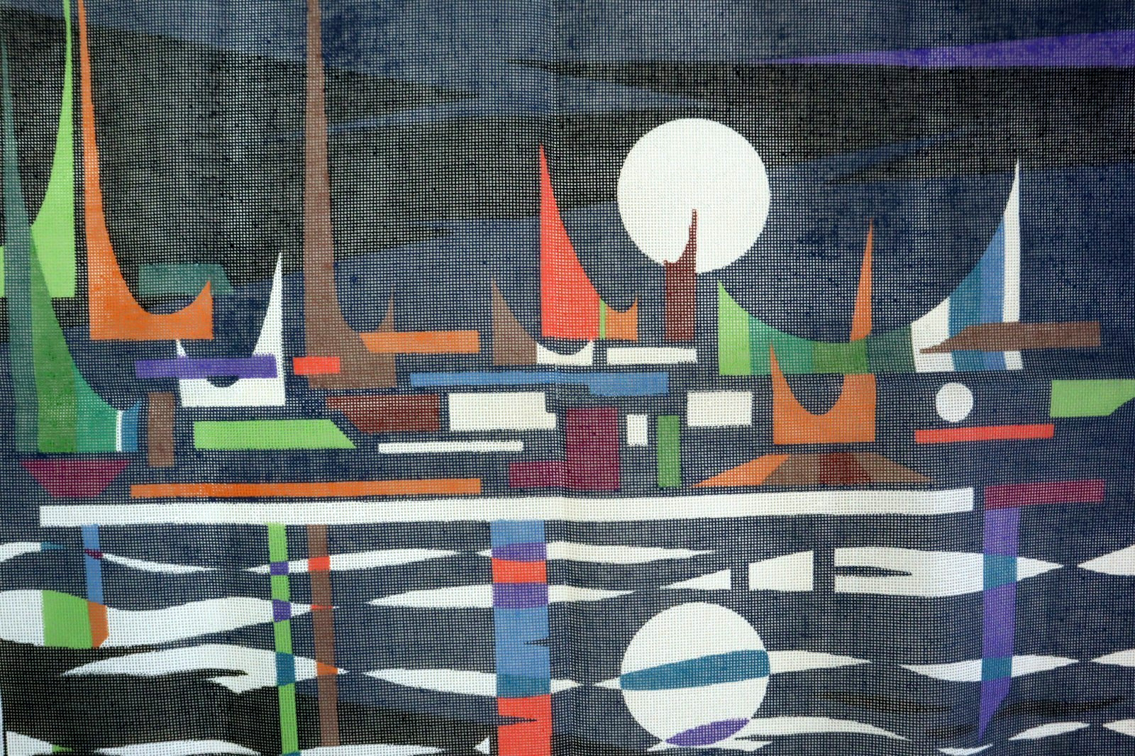 NEW Vintage French Modern Art Needlepoint Canvas " Port-Said " 14ct Sailboats