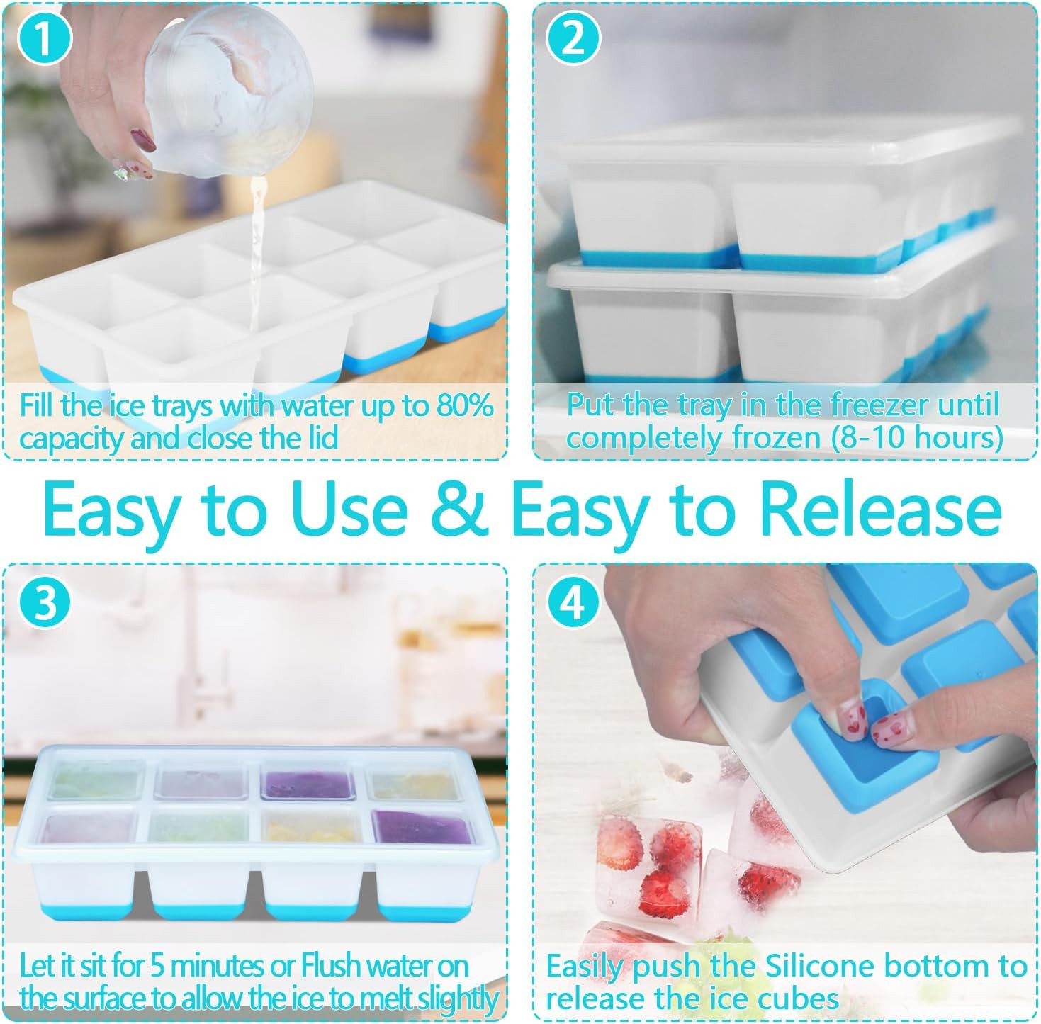 Large Ice Cube Trays 2 Pack Silicone Easy-Release and Flexible Ice Cube Molds w