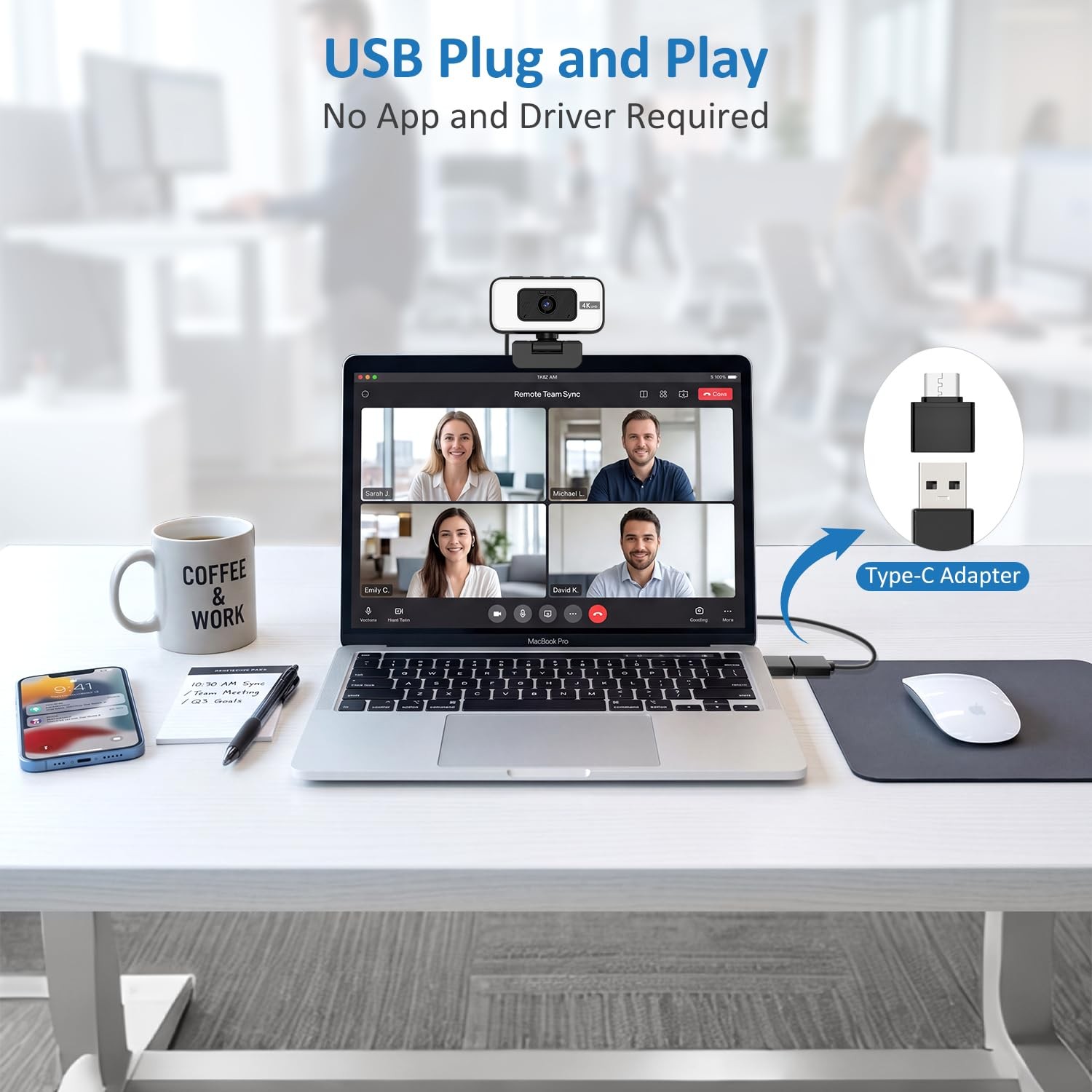 4K Webcam for PC, Web Camera for Desktop Computer, USB Webcam with Noise Canc