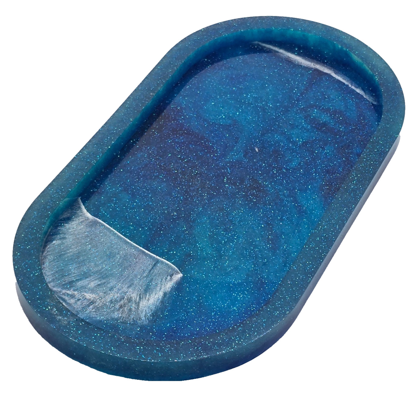 Handmade Resin Trinket Dish Celestial Blue Galaxy Cosmic Silver Nebula Crest
