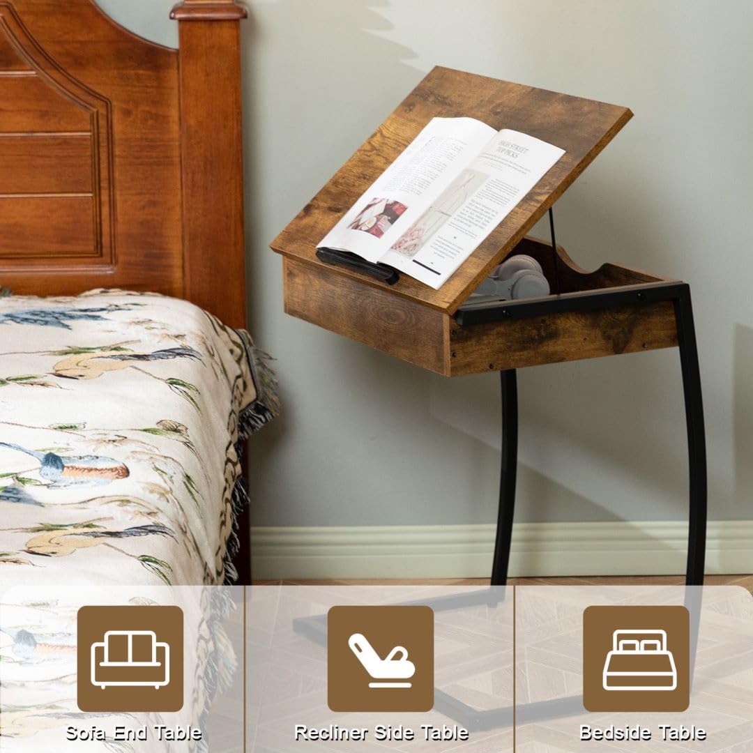 Hadulcet C Shaped End Table with Charging Station, 25.6", Rustic Brown