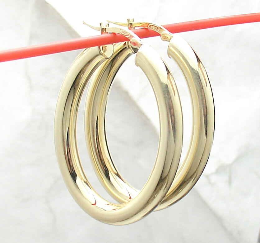 1.5"  Technibond  Plain Oval Hoop Earrings 14K Yellow Gold Plated Silver 5mm