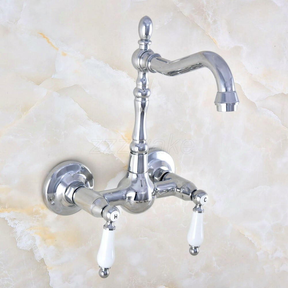 Polished Chrome Kitchen Sink Faucet Ceramic Handles Mixer Tap Wall Mounted