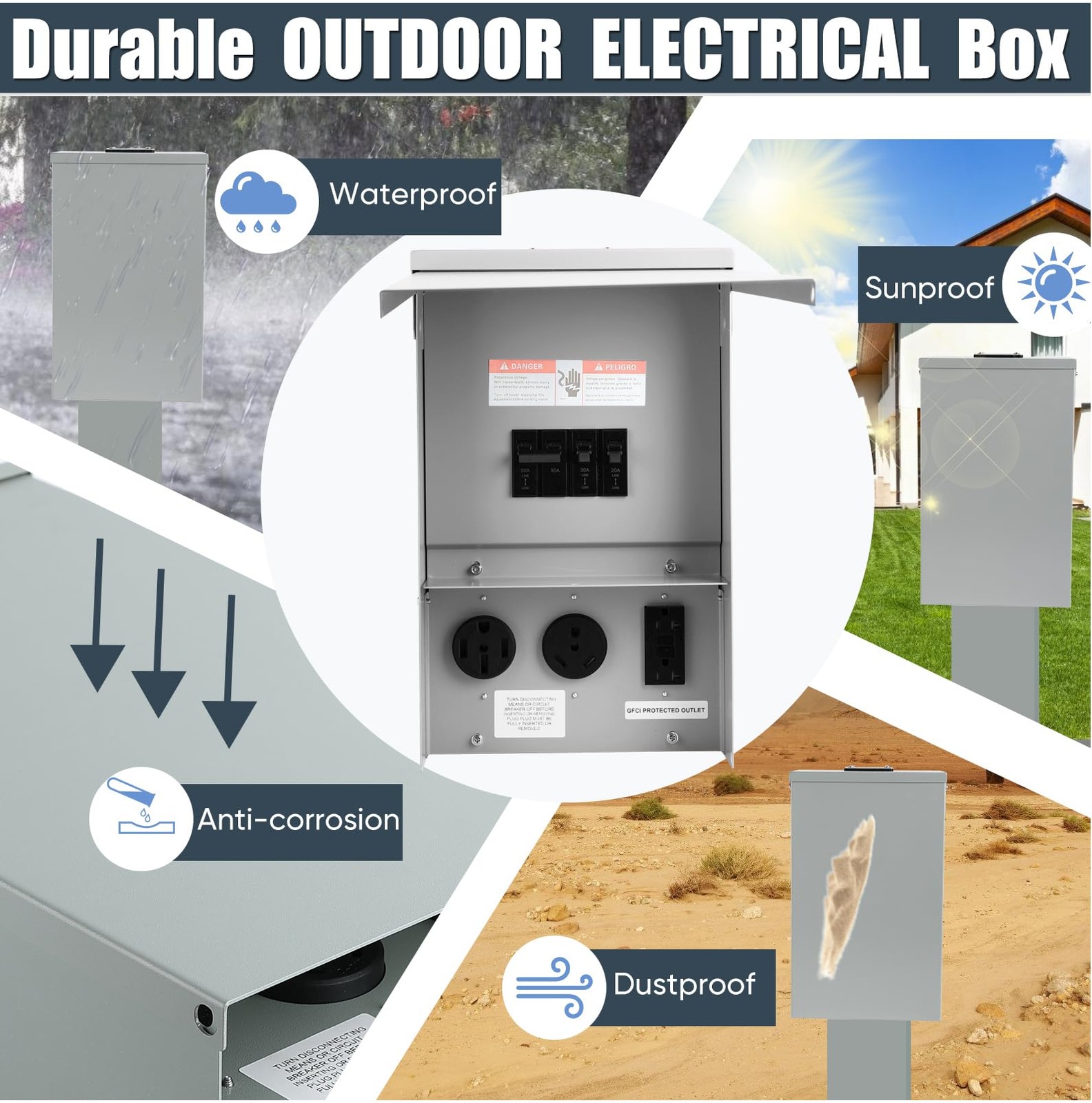 Electrical Outlet Boxes Temporary Power Panel Weatherproof RV Receptacle Box ...