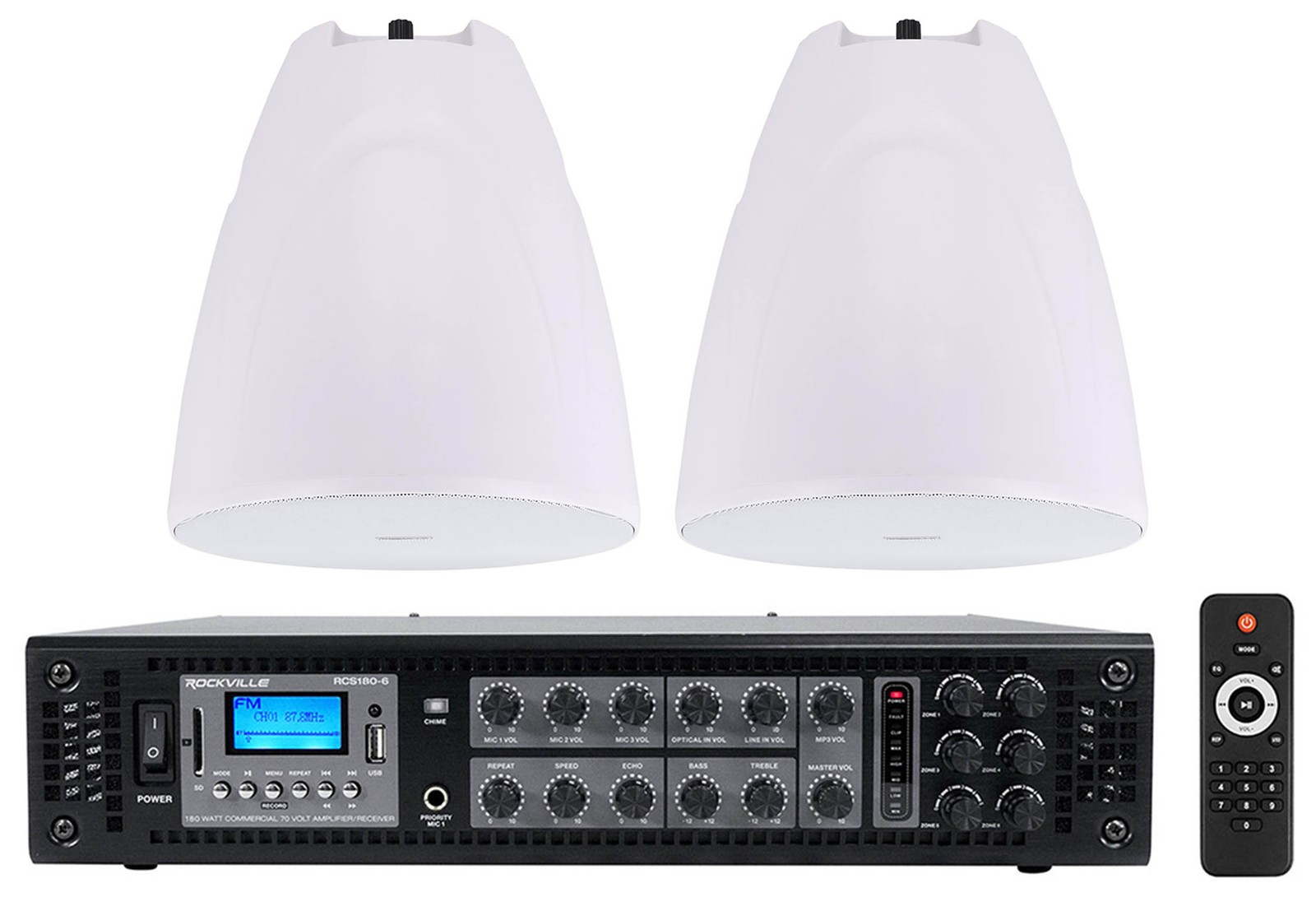 (2) Rockville PEN-80T White 8" 70V 40W Hanging Pendant Speakers+Commercial Amp