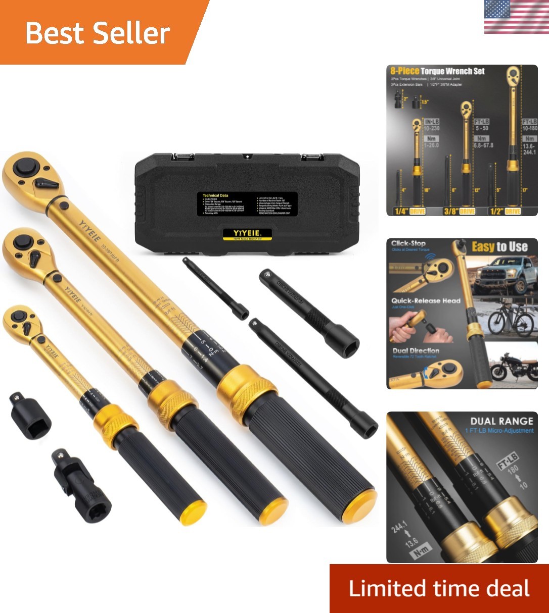 1/4 3/8 1/2-inch Drive Click Torque Wrench, 8Pcs Torque Wrench Set 10-230in.l...