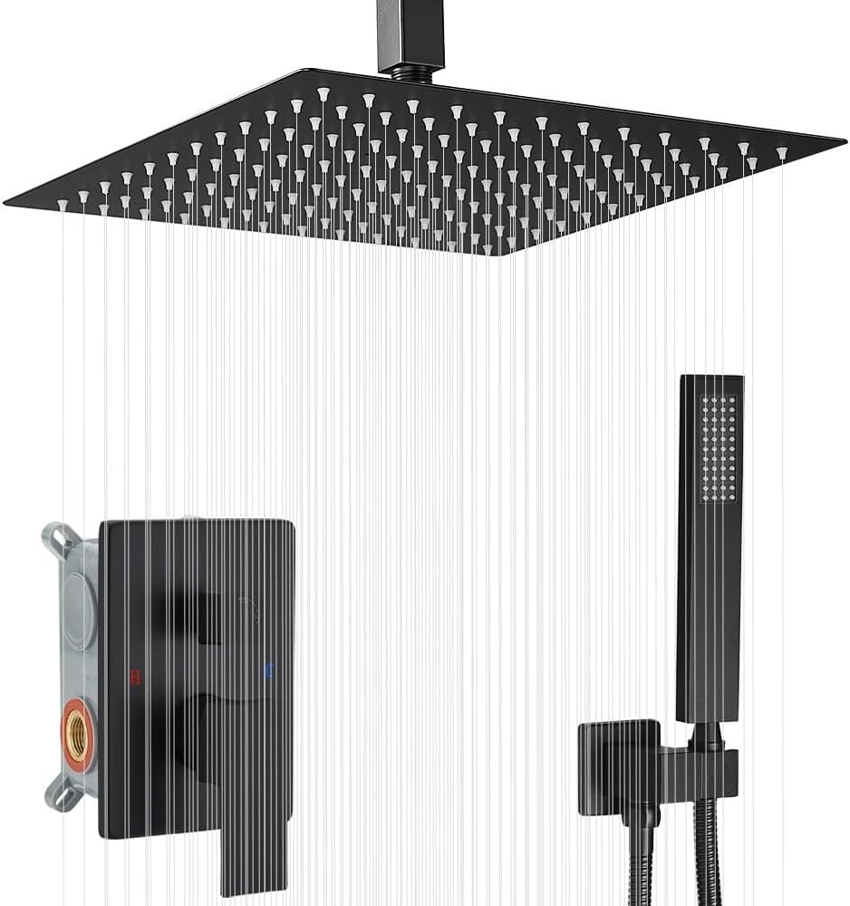 12 Inch Ceiling Mount Matte Black Shower System Bathroom Luxury Rain Mixer