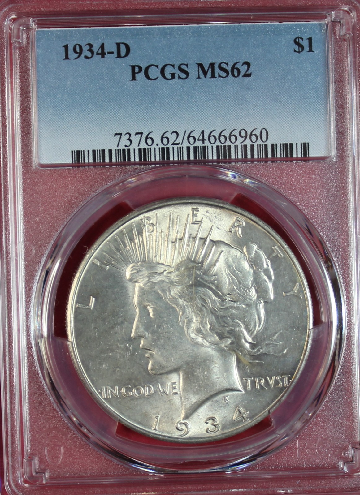 1934-D PEACE DOLLAR PCGS MS62