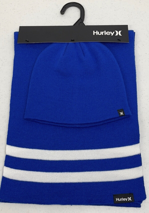 Hurley Beanie Hat & Scarf 2-Piece Set Blue And White Stripe One Size Winter NWT