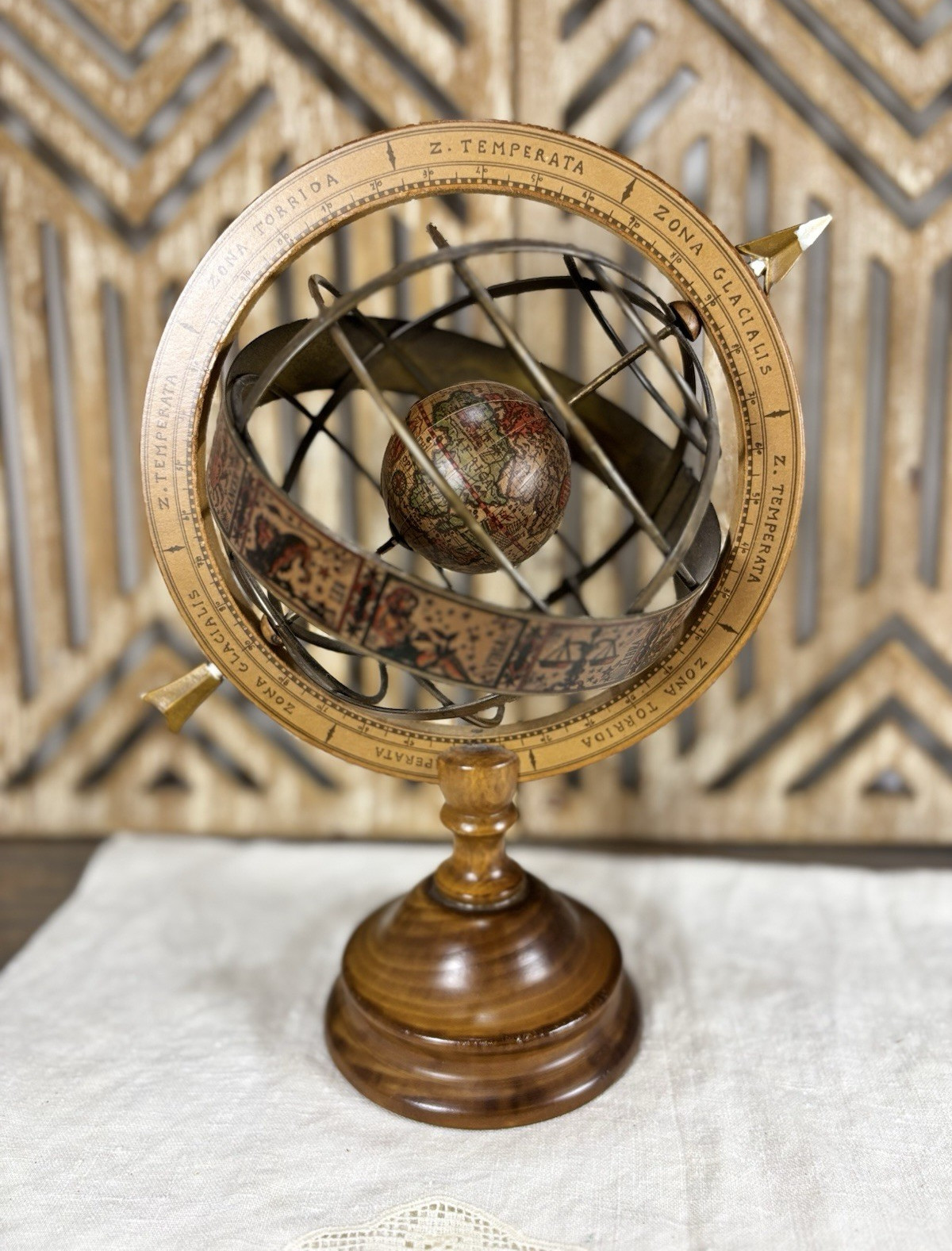 Rotating Decorative Armillary Sphere Globe w/ Wooden Base, Metal Rings