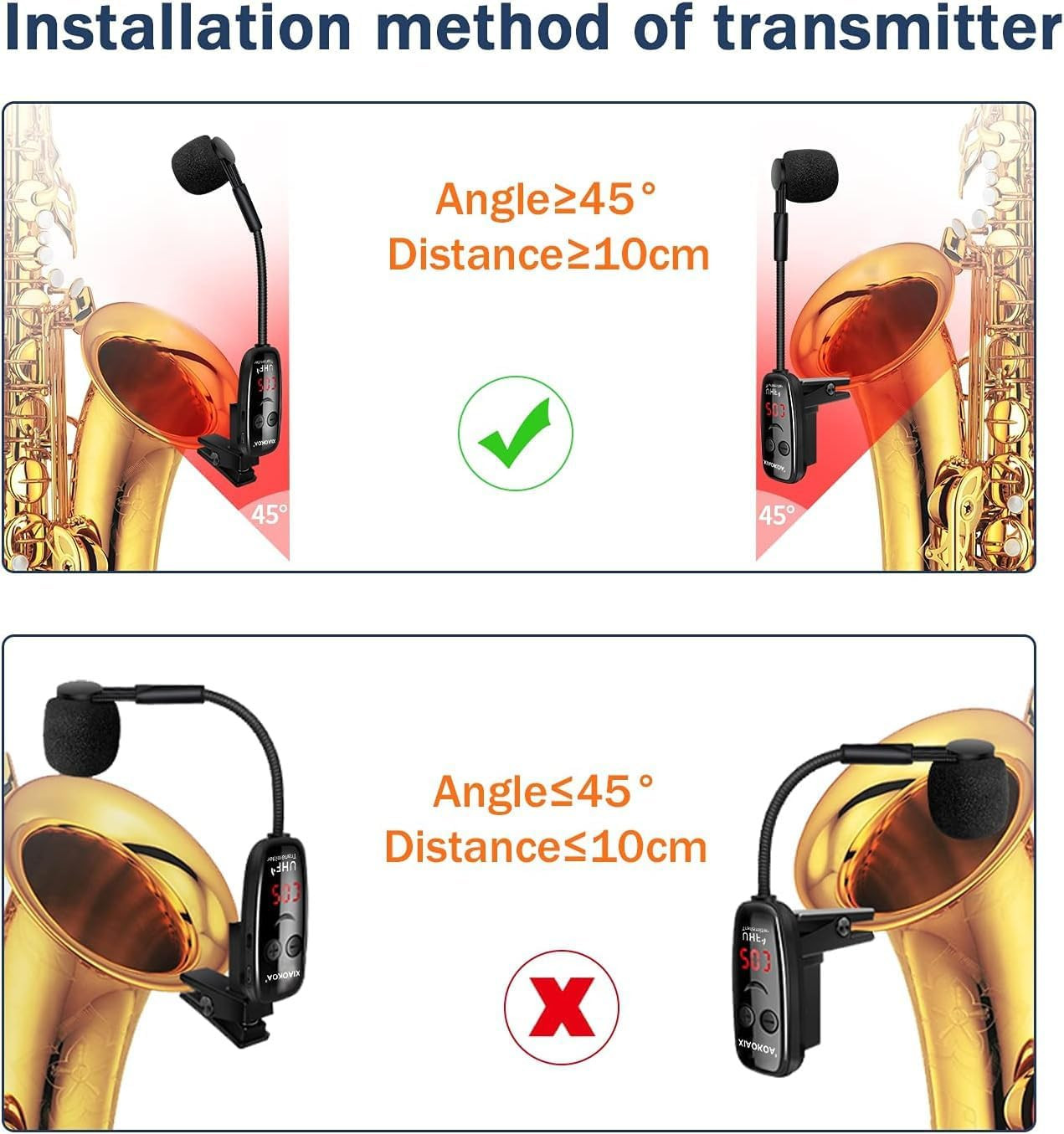 Wireless Microphone for Saxophone, UHF Wireless Microphone for Musical Instrumen