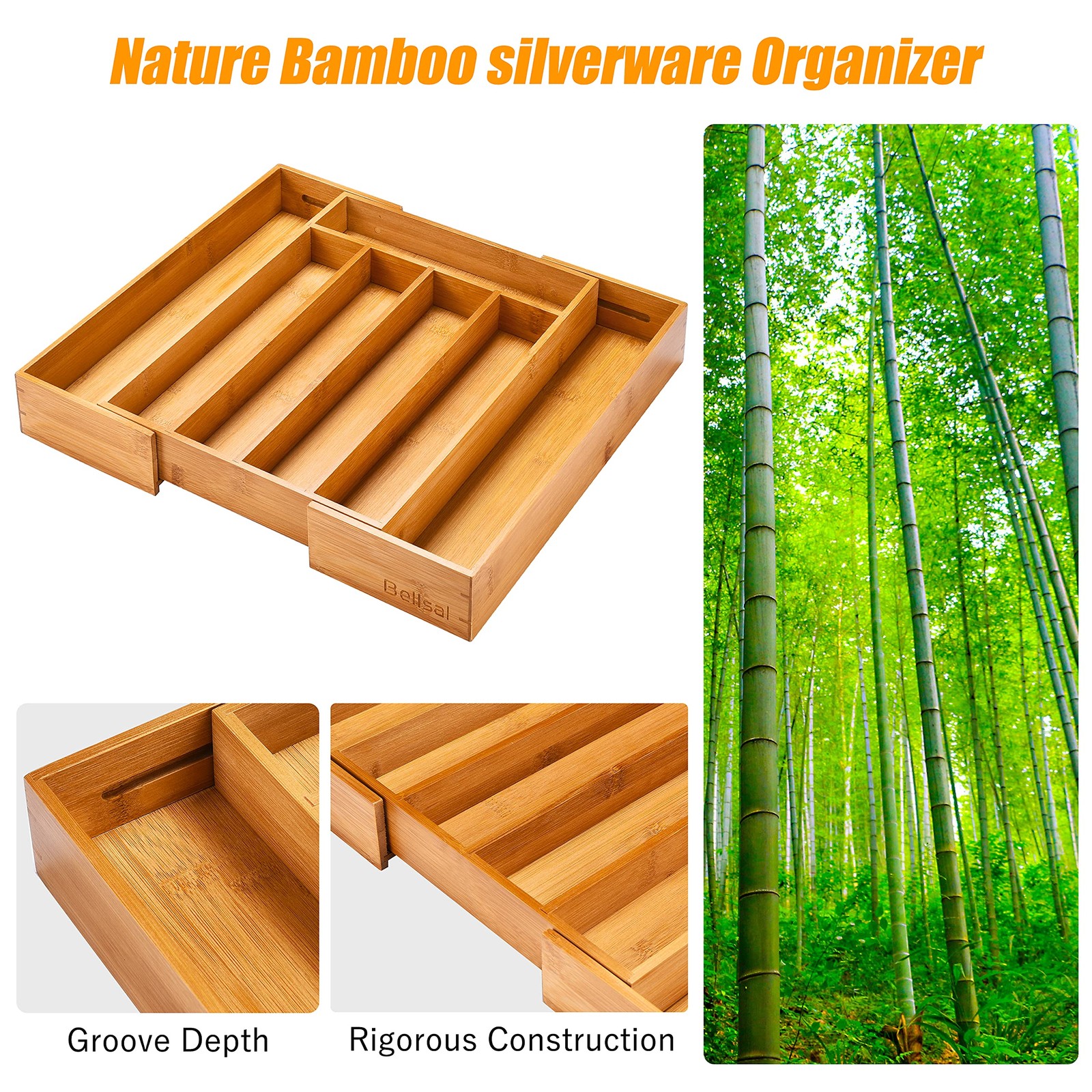 Bellsal Silverware Organizer Kitchen Drawer 7 Slots Expandable, Nature