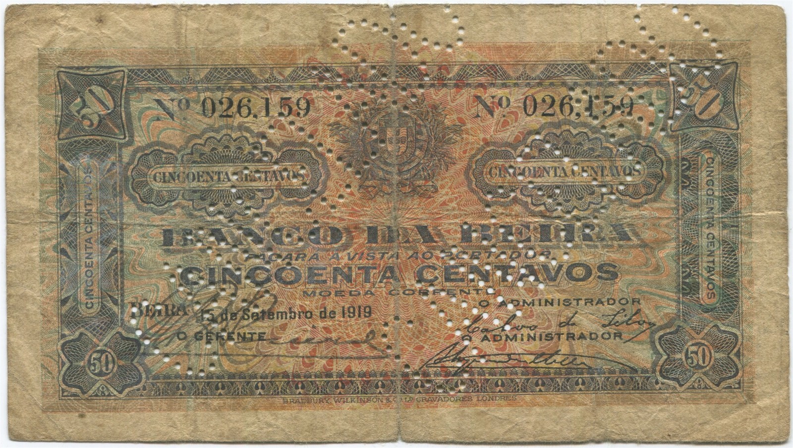 Mozambique 1919, Banco Da Beira 50 Centavos P-R3 (Cancelado) rare Cancelled note