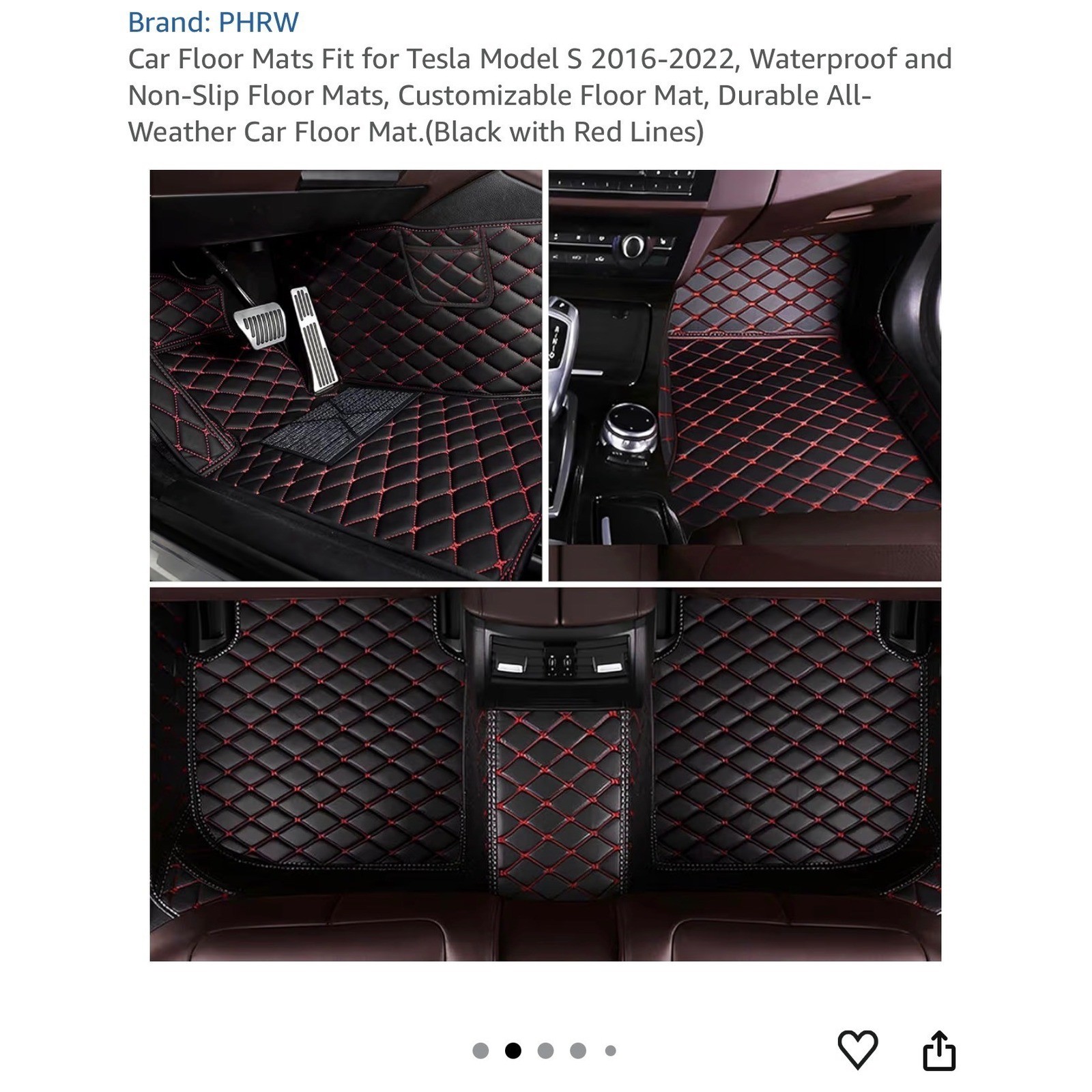 PHRW Car Floor Mats Tesla Model S 2016-2022 Black Red New All-Weather Leather