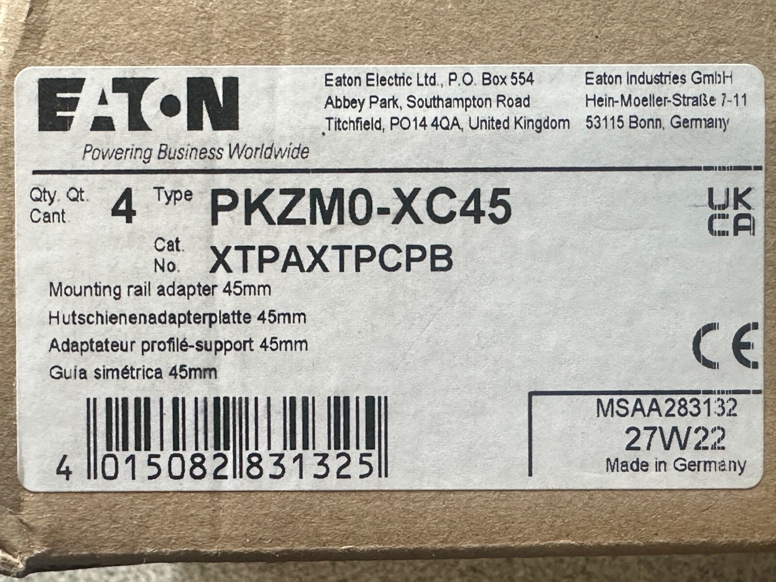 NEW Box of 4 Eaton XTPAXTPCPB Mounting Top Hat Rail Adapter 45mm PKZM0-XC45