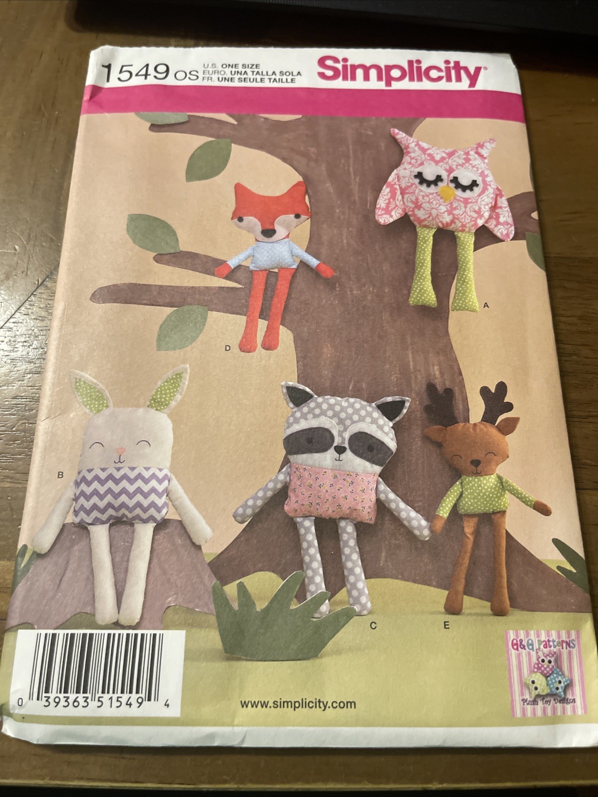 Simplicity Pattern 1549 ~ Stuffed Animals: Owl~Bunny~Raccoon~Fox~Deer ~