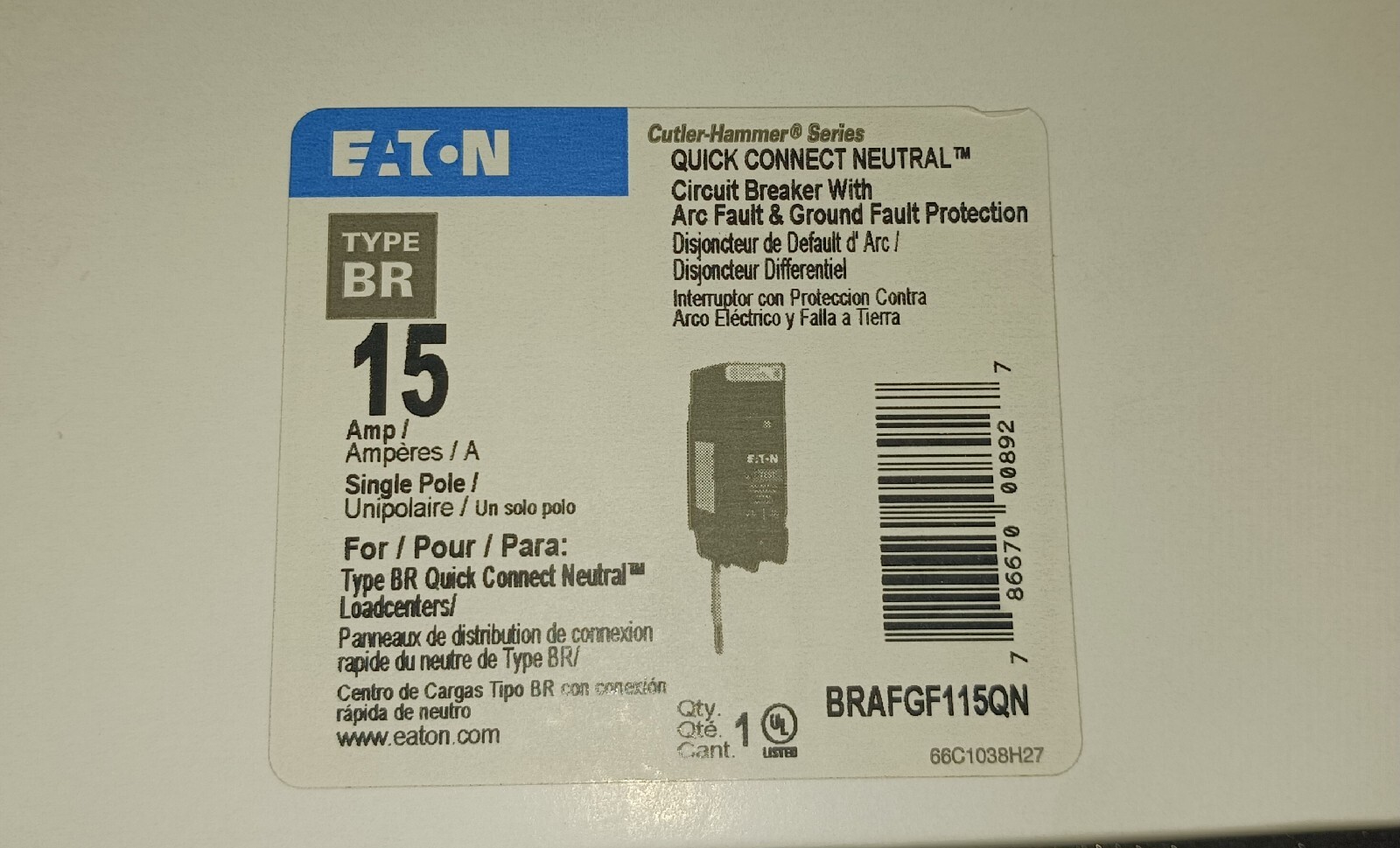 Eaton BRAFGF115QN Circuit Breakers BR 1P 15A 120V. New in box. Free Shipping
