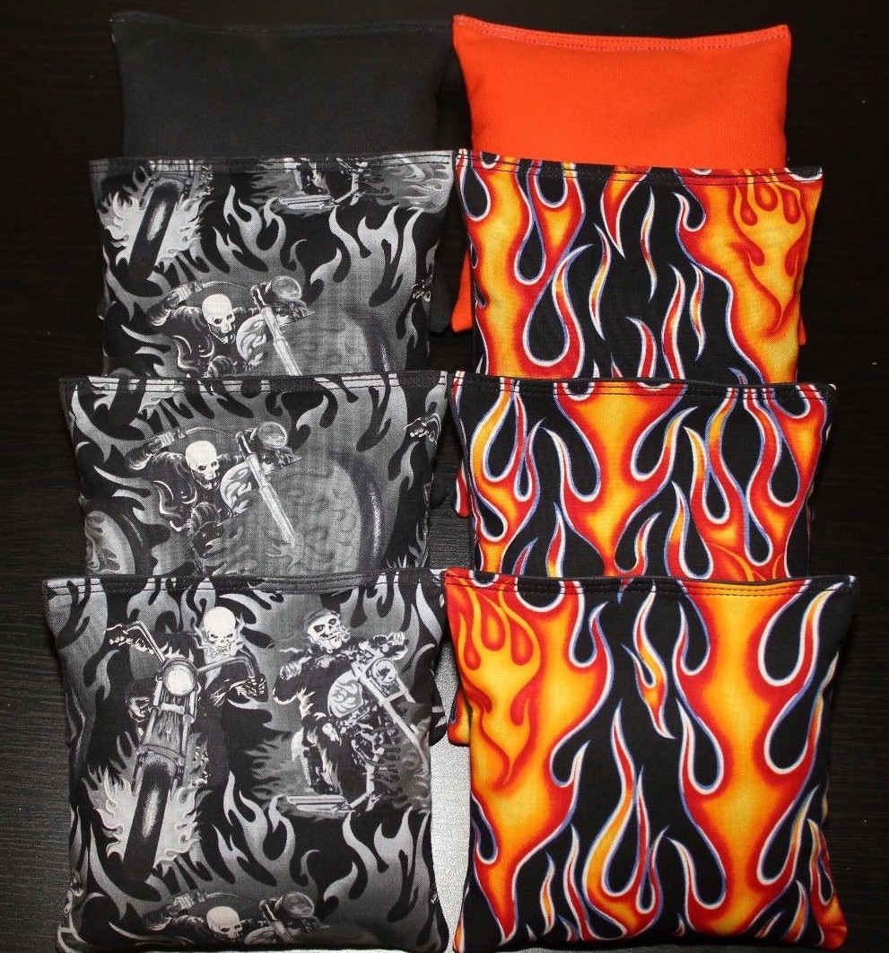 FLAMES & SKULLS Cornhole Bean Bags 8 ACA Regulation Harley Orange & Black Bags