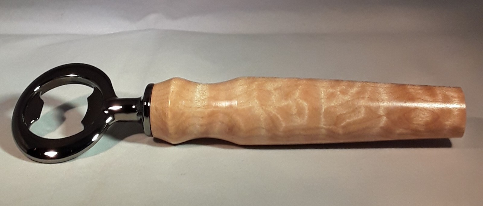 WOOD TURNED CURLY MAPLE BOTTLE OPENER, GUN METAL GREY, HANDMADE GIFT FOR DAD
