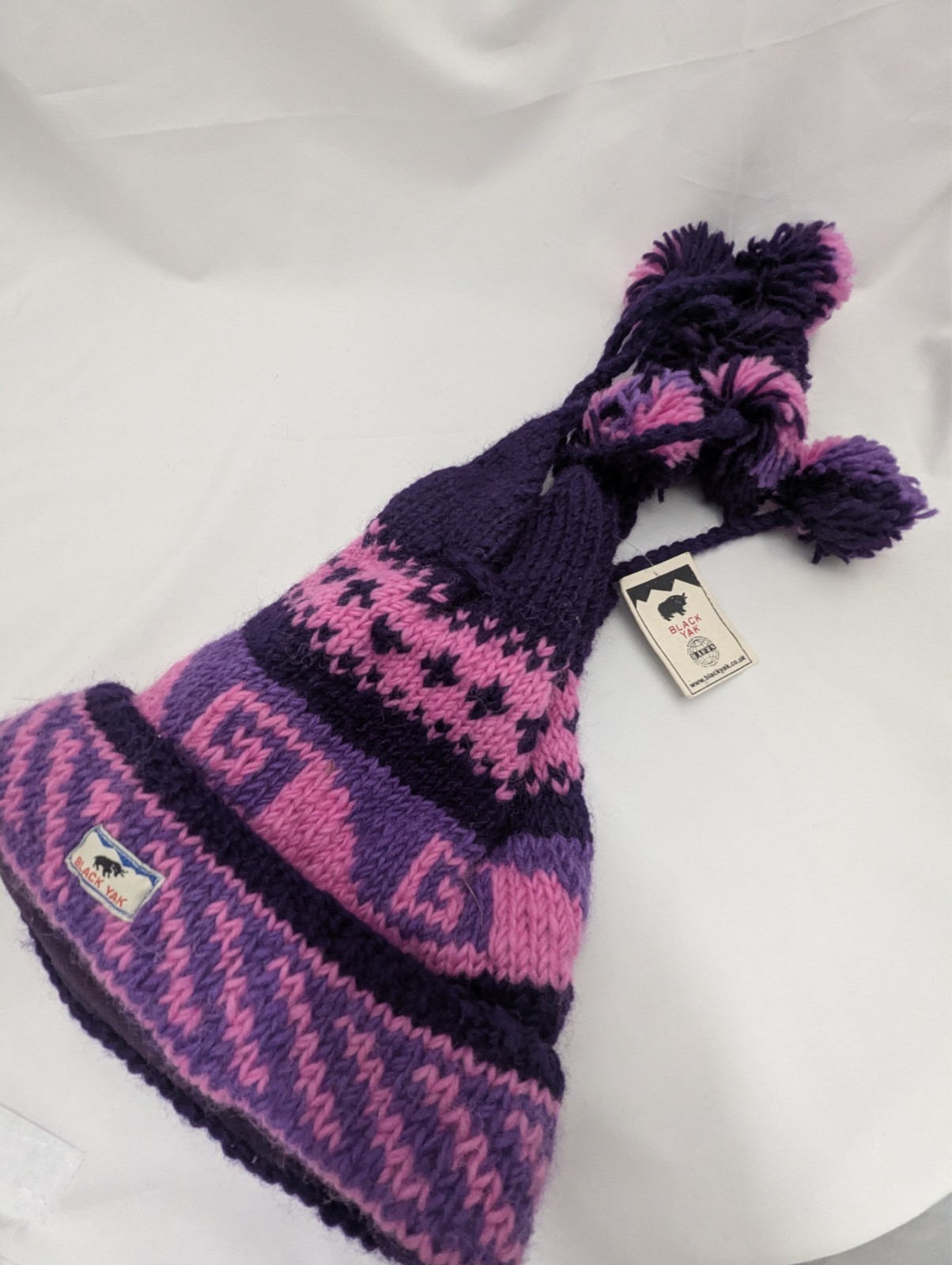 Black Yak Hat Pink Purple knitted Wool  with pompom tassels