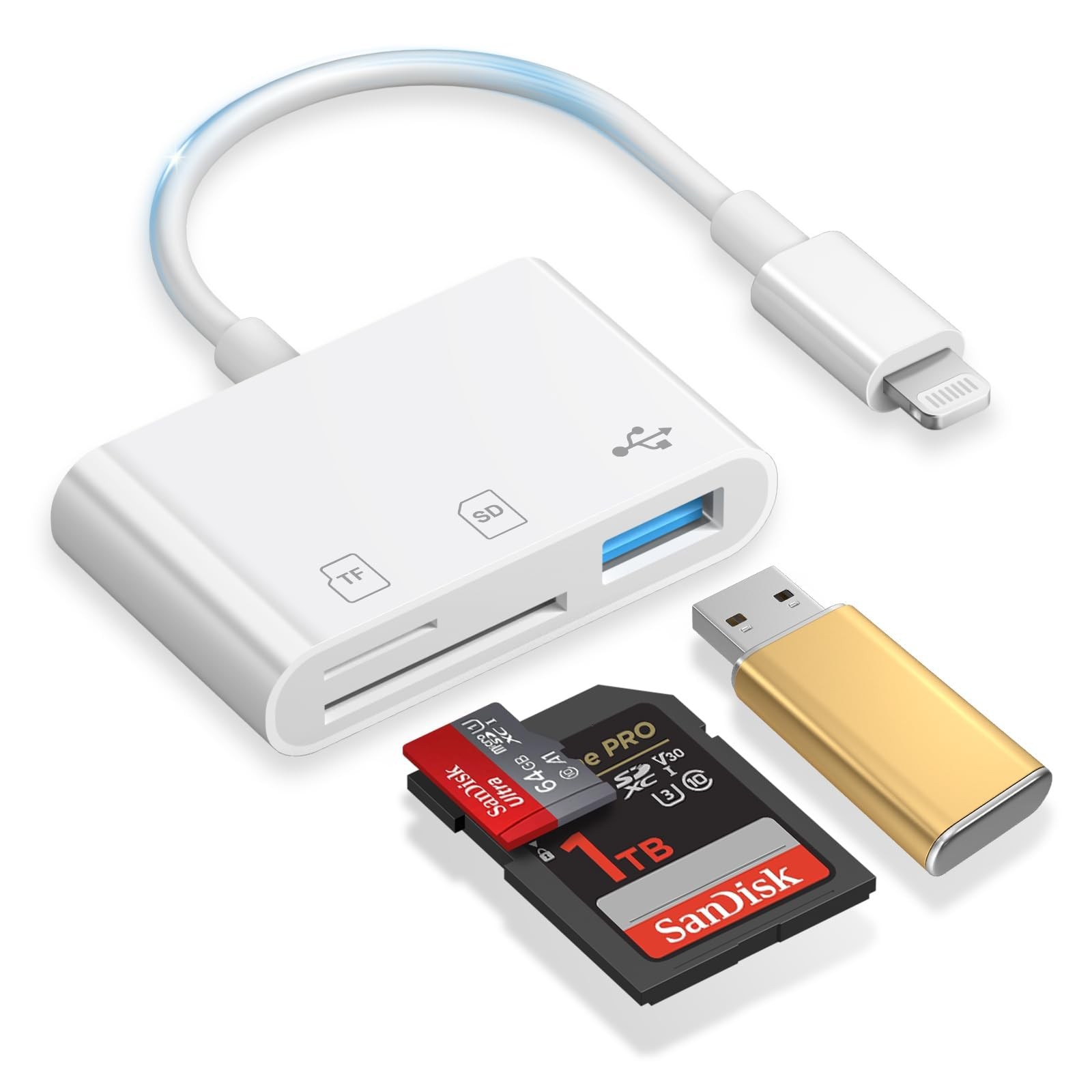 SD Card Reader for iPhone, 3-in-1 Lightning to Prot, White