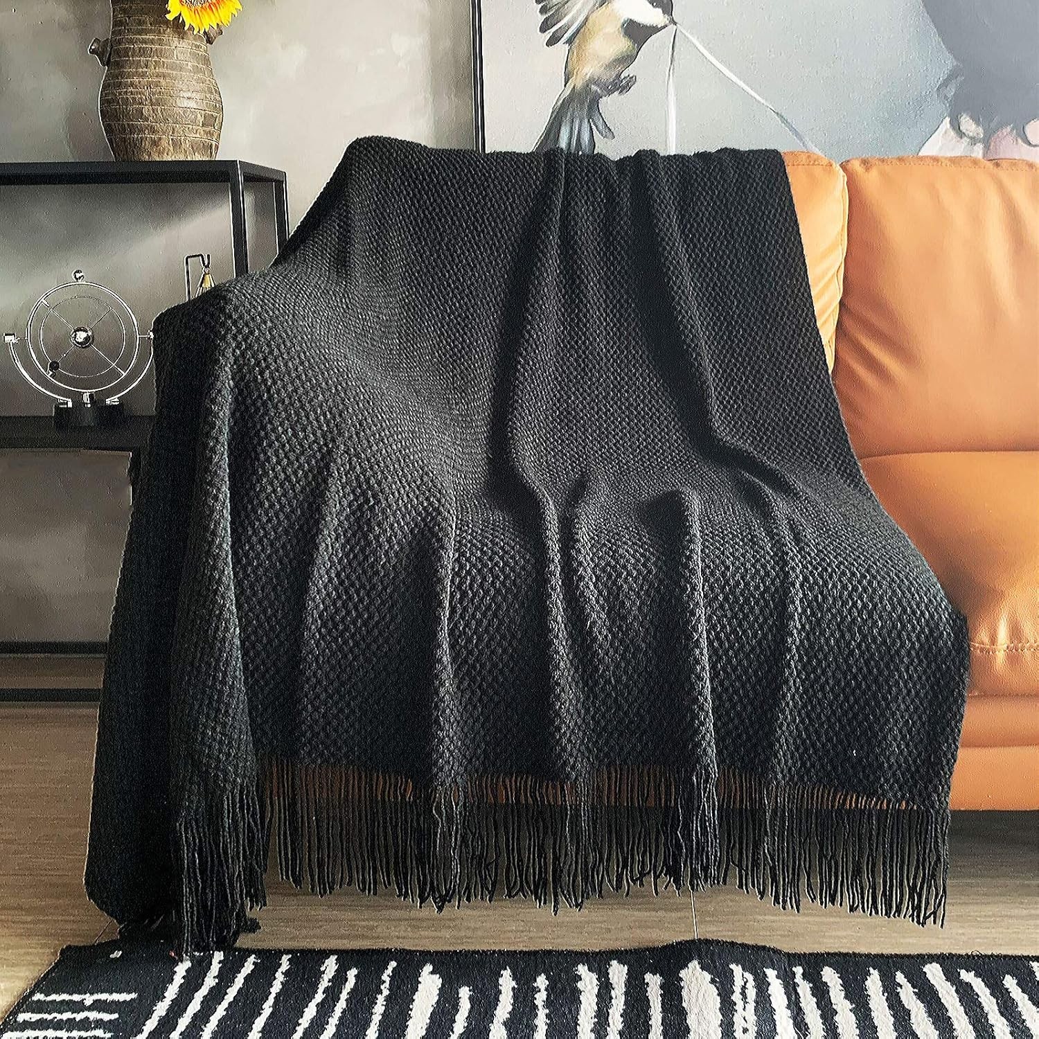 Knitted Throw Blanket W/ Tassels Bubble Textured Lightweight Throws Couch Cover